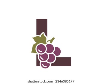 letter l with grapes. creative fruit and organic food alphabet logotype. gardening, winemaking and harvest design. isolated vector image