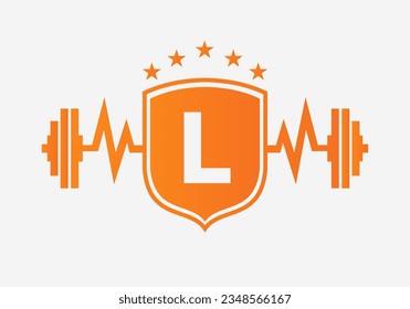 Letter L Gym Fitness Logo Design Concept With Barbell Shield and Start Icon. Bodybuild Gym Symbol