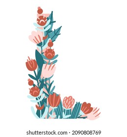 Letra L. Monograma vector dibujado a mano compuesto de flores, ramas y hojas sobre un fondo blanco. flores de estilo plano.