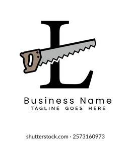 Letter L handsaw logo. Alphabet L woodwork and carpentry icon