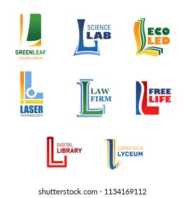 Letter L icons for corporate identity and brand name in environment ecology, science laboratory or electronics and medical industry. Vector letter L for digital library and education