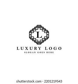Letter L initial based vector logo. Serif letter logo within complex line art frame. Logo for luxury product, jewelry, fashion, beauty, and company.