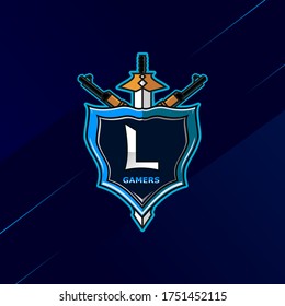 Letter L - Initial logo E-Sport with decoration of sword, shield, and weapon. Perfect for gamer brand, squad, etc.