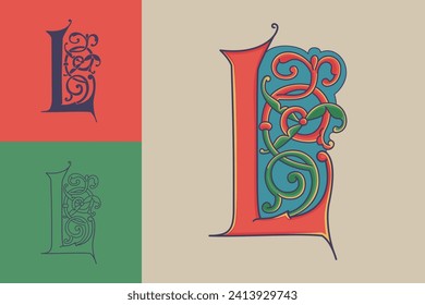 Letter L initial with trailing vines of thistle plant. Medieval blackletter drop cap based on Bohemian manuscript. Romanesque style dim colors illuminated emblem. Decorative wax seal monogram logo.