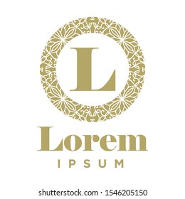 letter l inside gold ornamental frame, vector logo template