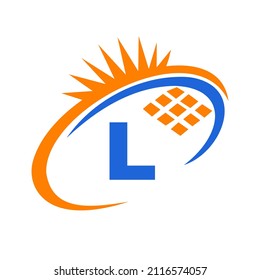 Letter L Inside Solar Cell or Solar Panel Energy Logo Design. Letter L Logo with Solar Elements, Sun, Solar Panels Sign
