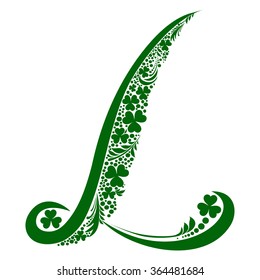 Letter L isolated on white. Green letter of a St. Patrick's Day.  Alphabet Set. Vector Illustration
