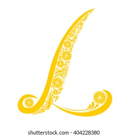 Letter L isolated on white. Romantic letter of beautiful lemon. Floral Alphabet. Vector Illustration