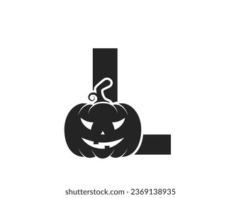 Letra L con Jack O Lantern. Logotipo creativo del alfabeto de Halloween y otoño. Cara de calabaza Imagen de Vector aislada