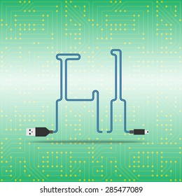 Letter L laid cable. USB blue cable, vector illustration. Background microchip