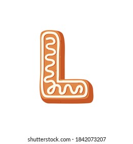 The letter "L" of the Latin alphabet. Christmas ginger sponge cookies in the shape of a letter, decorated with icing sugar or icing. Vector stock illustration isolated on a white background.