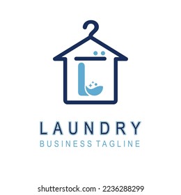 Letter L for Laundry Business Logo Design Idea Template with House and Hanger Icon. Dry Cleaning Clothes Wash Machine