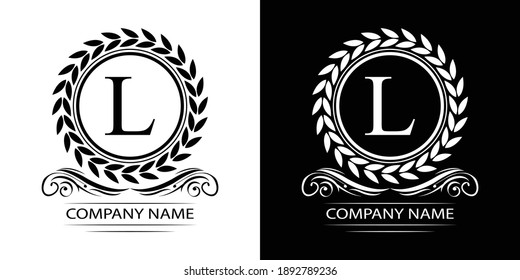Letra L laurel logo de la plantilla de corona de oro de lujo con corona. Alfabeto monograma . Hermosa carta de iniciales reales.	