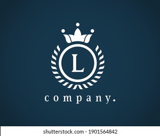 Letter L laurel wreath template logo with a crown. A beautiful symbol for emblem, logo, card, badge, antique, restaurant, cafe, boutique, hotel, heraldic, jewelry, product, or company name. Eps 10.