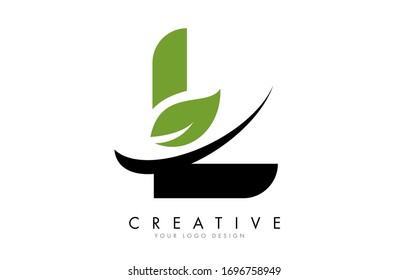 Letra L con diseño de logotipo de hoja y Swoosh creativo. Ilustración vectorial de letra eco.