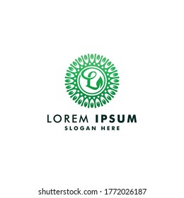 plantilla de logotipo de letra L leaf. símbolo ambiental, logotipo vectorial de icono de granja y jardinería, mandala