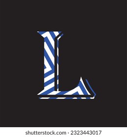 Letter L lettering with blue and white stripes and black background