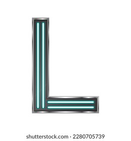 Letter L (Lima) Capital Uppercase Modern English Alphabet Neon Glow Light Stainless Metallic Frame Futuristic Design Icon Logo Isolated on White Background