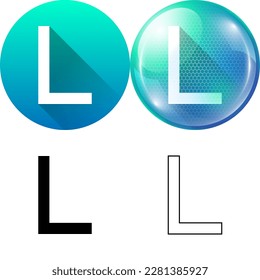 Letter L (Lima) Capital Uppercase Modern English Alphabet Icon Set of Circular Round Long Shadow, Futuristic Bubble, Black-White Silhouette, Line Art Isolated on White Background