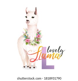 Letter L is for Llama. Cute animal letters alphabet for children education project. Llama with flowers wreath decoration, for Kids study. Vector isolated zoo ABC cartoon.