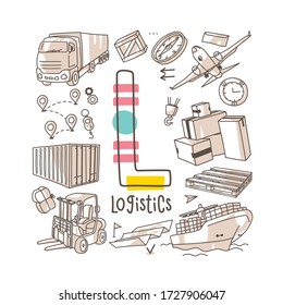 Letter L - Logistics, cute alphabet series in doodle style, vector illustration