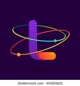 Letter L logo with atoms orbits lines. Bright vector design for science, biology, physics, chemistry company.