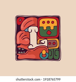 Letter L logo in Aztec, Mayan or Incas style. Native American symbol with warrior or god face. Perfect for ethnic labels, sport emblem, tattoo design and tribal identity, etc.