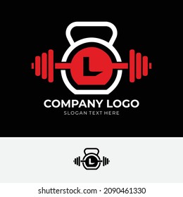 Letter L Logo With barbell and kettlebell | Fitness Gym Logo | Vector Illustration of l Logo Design