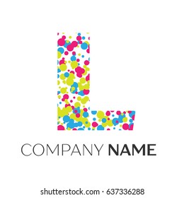 Letter L logo with blue, yellow, red particles and bubbles dots on white background. Vector template for your design