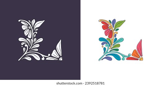 Letter L logo with botanical and flower pattern. Traditional leaves and curved lines embroidery ornament. Icon for wedding ceremony, vintage greeting cards, birthday identity and party invitations.