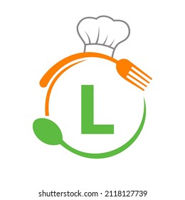 Letter L Logo With Chef Hat, Spoon And Fork For Restaurant Logo. Restaurant Logotype On Letter L Spoon And Fork Concept