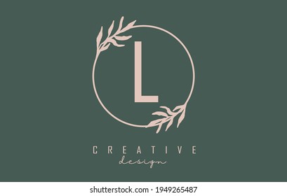Letter L Logo with circle frame and pastel leaves design. Rounded vector illustration with letter L and pastel leaf for beauty, fashion, jewelry, luxury, natural products or eco services.