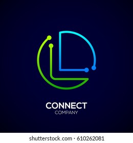 Letter L logo, Circle shape symbol, green and blue color, Technology and digital abstract dot connection