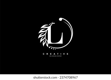 letter L logo with circular ornaments of leaves, flowers and feathers. monogram typography letter L. flourish logo. suitable for business, company, beauty, boutique, brand, nature, etc