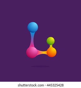 Letter L logo with colorful spheres or dots and lines. Colorful vector design for banner, presentation, web page, app icon, card, labels or posters.
