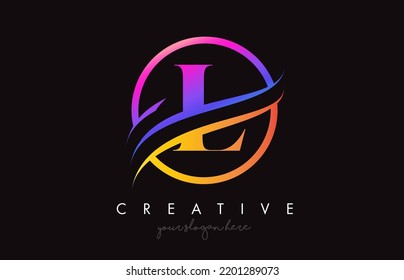 Letter L Logo with Creative Purple Orange Colors and Circle Swoosh Cut Design Vector. Colorful Serif Letter L  Circular Design Icon Illustration.