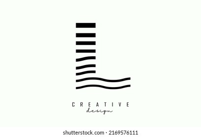 Letter L logo design with black straight and zig zag lines. Vector illustration with wavy lines.