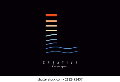 Letter L logo design with colorful straight and zig zag lines. Vector illustration with sea and sunset color lines.