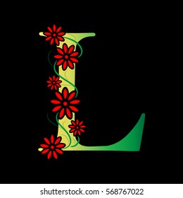 Letter L Logo Design Concept with Red Flowers Isolated on Black Background