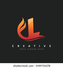 Diseño de logotipo L con llamas de fuego e iluminación de vectores de eslora naranja