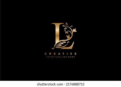 letter L logo design with flowers, leaves and golden feathers in a beautiful and elegant style. monogram L. typography L. initial L logo. suitable for, business, wedding, boutique, company, hotel, etc