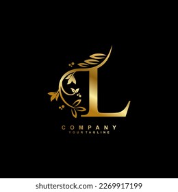 letter L logo design with flowers, leaves and golden feathers in a beautiful and elegant style. monogram L. typography L. initial L logo. suitable for, business, wedding, boutique, company, hotel, etc