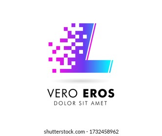 Plantilla de diseño de logotipo de carta L. Logo de la letra L en estilo de movimiento de píxeles con color de gradiente.