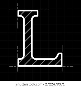 Letra L Logo sob a forma de um fragmento de desenho. Ícone de vetor para organização de design industrial. Seção transversal de um ângulo laminado a quente com linhas de centro.