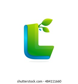 Letter L logo formed by ribbon with leaves and drops. Font style, vector elements for posters, t-shirts and cards.