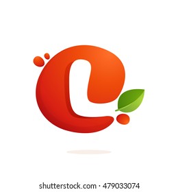 Letter L logo in fresh juice splash with green leaves. Vector elements for natural application, ecology presentation, business card or cafe posters.