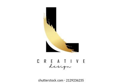 Letter L logo with golden brush stroke and creative cut. Creative Vector Illustration with letter.