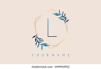 Letter L Logo with golden polygon frames and gradient blue leaves design. Luxury vector illustration with letter L and blue gradient leaf.