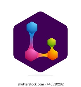 Letter L logo with Hexagon and lines. Bright color vector design for your science, biology, physics, chemistry company. Icon for banner, presentation, web page, app icon, card, labels or posters.
