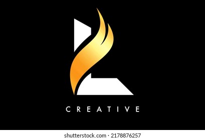 Letter L Logo Icon Design with Golden Swoosh and Creative Cut Curved Shape Vector Illustration.